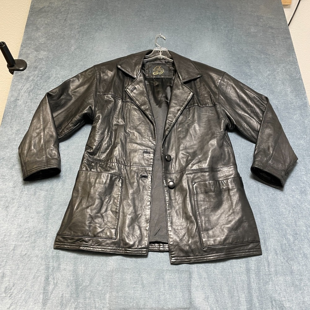 Synergy Leather Blazer Jacket Mens Medium Black Single Breasted Patch Pockets